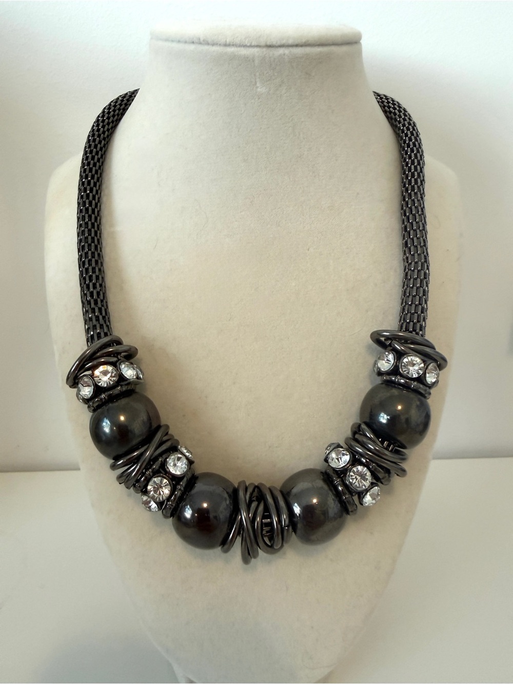 Statement Hematite Bead Necklace with Crystal Accents